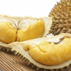 Close up of peeled durian isolated on white background.